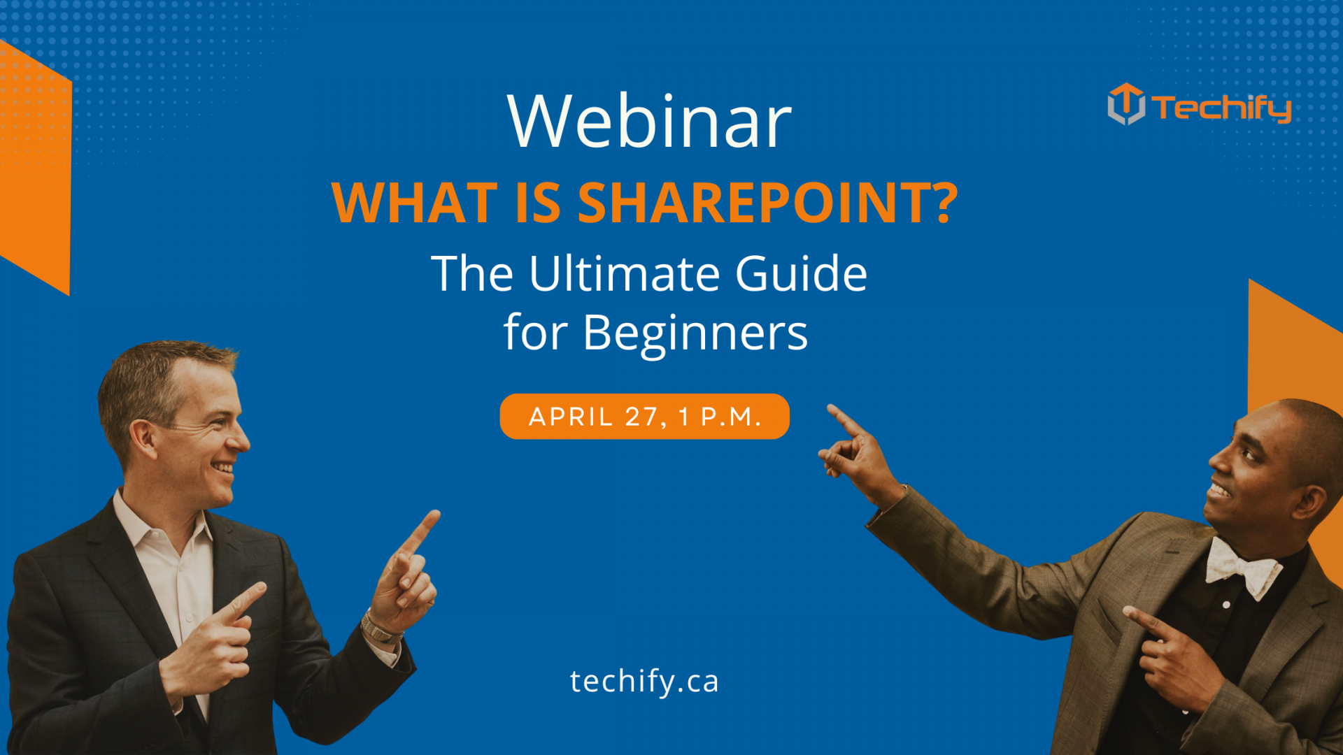 Graphic for the April 2022 webinar - Brendan and Jermaine pointing to the wording "What is SharePoint?"